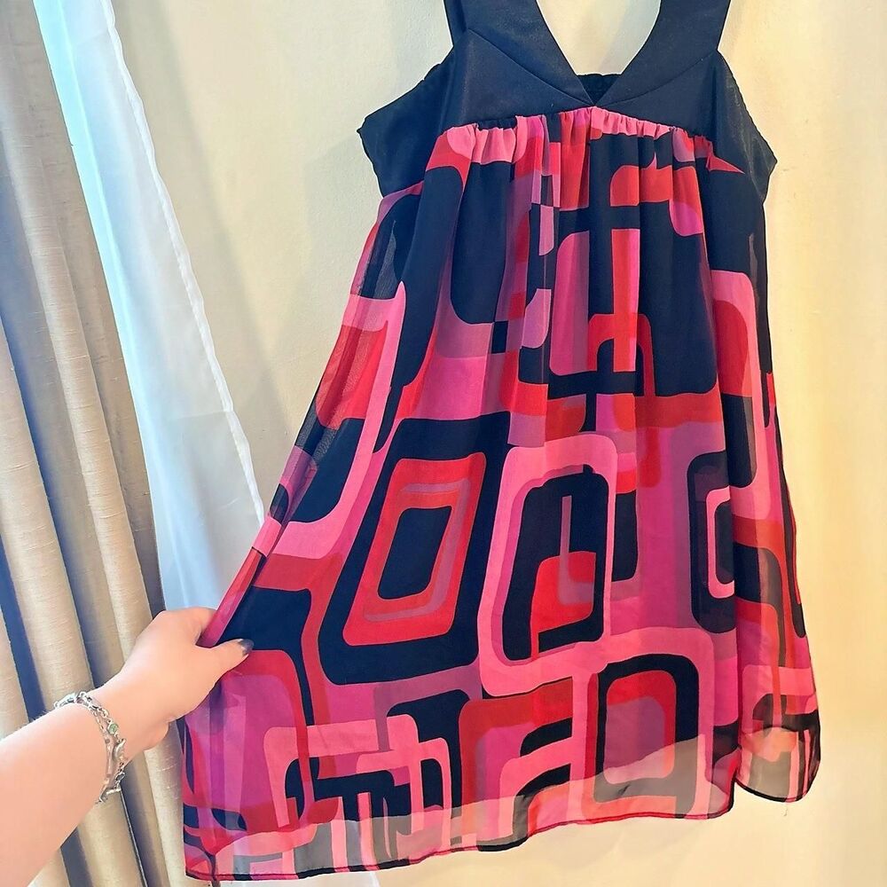 Forever 21 Geometric Pink Red Black Flowy Top Mini Dress Sz S M Y2K Retro Party